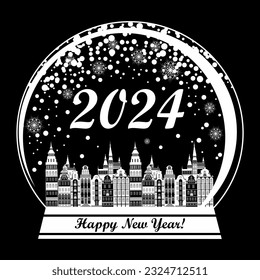 2024 Happy New Year greeting card.  Snow globe with a town within a black background. Winter background. Christmas themed invitations. Snowball icon. Winter snowy landscape. Vector Illustration