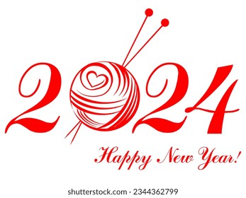 2024 Happy New Year greeting card isolated on white background. Celebration white background with heart and place for your text.  Winter holidays.  Vector Illustration 