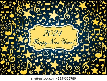 2024 Happy New Year greeting card. Celebration dark background with Music notes, stars and place for your text. Horizontal posters, greeting cards, header, website. Vector Illustration