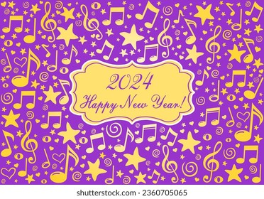 2024 Happy New Year greeting card. Celebration violet background with Music notes, stars and place for your text. Horizontal posters, greeting cards, header, website. Vector Illustration