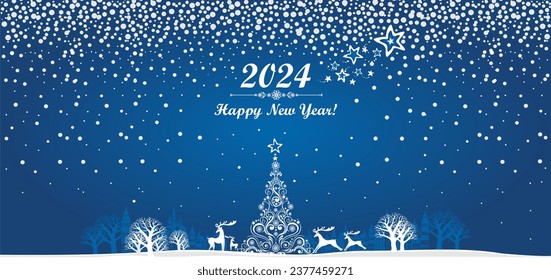 Grußkarte 2024 für ein glückliches neues Jahr.  Feiern Sie blauen Hintergrund mit Weihnachtslandschaft, Weihnachtsbaum, Hirsch und Platz für Ihren Text. Weihnachtsdekoration. Website-Bildschirmhintergründe. Vektorgrafik 