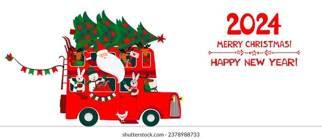 2024 Happy New Year! Greeting card. Celebration white background with bus, deer, rabbit bunny and place for your text. Design celebrate party invitation template. Traveling by bus. The winter vacation