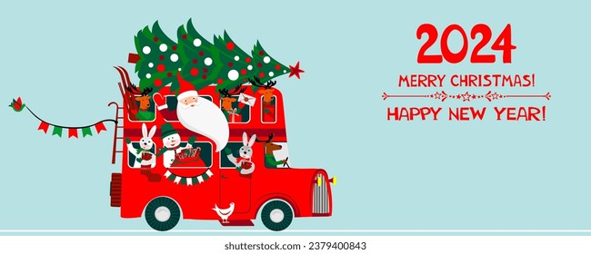 2024 Happy New Year! Greeting card. Celebration white background with bus, deer, rabbit bunny and place for your text. Design celebrate party invitation template. Traveling by bus. The winter vacation