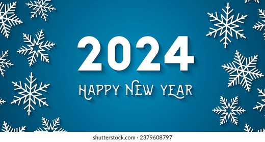 2024 and Happy New Year as greeting card concept with white snowflakes on blue background