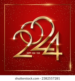 2024 Happy New Year greeting card vector template. Festive Christmas square social media banner design with congratulations. Golden numbers in square frame with confetti realistic illustration on red.