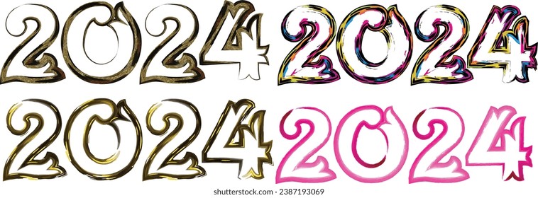 2024 Happy New Year greeting card vector illustration. 2024 golden numbers with gold falling confetti decoration and glow light effect, festive sparkle of tinsel texture in holiday design