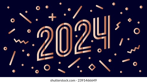 2024. Happy New Year. Greeting card with text Happy New Year 2024. Confetti fireworks bright style Happy New Year, Merry Christmas. Holiday background 2024, banner, poster. Vector Illustration