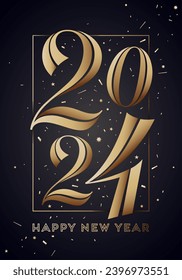 2024, Happy New Year. Greeting card with 2024 for golden Happy New Year holiday. Golden glossy bright design, Happy New Year 2024, Merry Christmas. Holiday gold background, banner. Vector Illustration