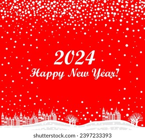 2024 Happy New Year greeting card.  Celebration red  background with Christmas Landscape, town, snow and place for your text. Website wallpapers. Vector Illustration 