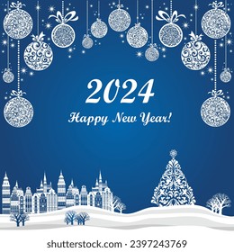 2024 Happy New Year greeting card.  Celebration blue background with Christmas Landscape, Christmas tree, deers and place for your text. Xmas decoration. Website wallpapers. Vector Illustration 