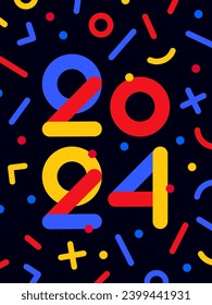 2024, Happy New Year. Greeting card for Happy New Year, banner, poster and sticker, holiday geometric style with text 2024, happy new year. Christmas card holiday confetti, 2024. Vector Illustration