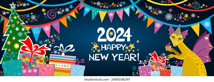 2024 Happy New Year! Greeting card. Celebration background with cute dragons, Christmas tree and place for your text. Art design celebrate party invitation template, wrapping paper, website wallpapers