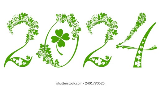 2024 Happy New Year! Greeting card. Celebration white background with green lucky clover leaf  and place for your text. Design celebrate party invitation template. Saint Patrick's Day. Clover shamrock