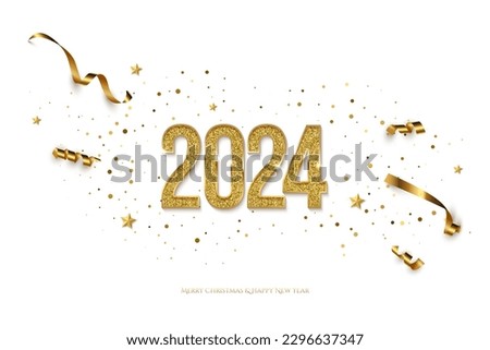 2024 Happy New Year greeting card vector template. Festive Christmas horizontal social media banner design with congratulations. Golden numbers with confetti realistic illustration on white background