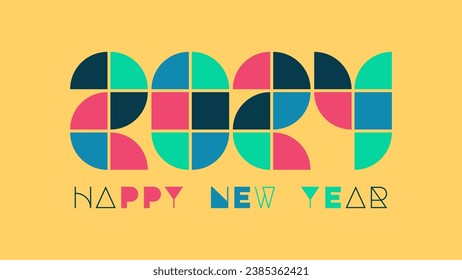 2024 Happy New Year greetings, abstract geometric bauhaus shapes  Graphic retro style celebration patterns. Colorful vintage simple vector eps