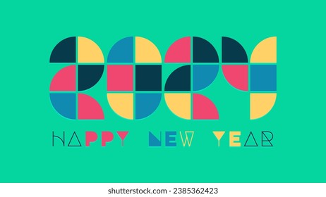 2024 Happy New Year greetings, abstract geometric bauhaus shapes  Graphic retro style celebration patterns. Colorful vintage simple vector eps