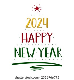 2024 Happy New Year handwritten Lettering, modern brush ink calligraphy. A Christmas tree is made of the numbers, text, pen stroke and star. Red, green, gold isolated text. Greeting card.