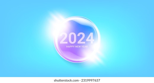 2024 Happy new year horizontal banner background and 2024 greeting card with text. vector 2024 new year sticker, label, icon, logo and badge isolated on stylish blue background