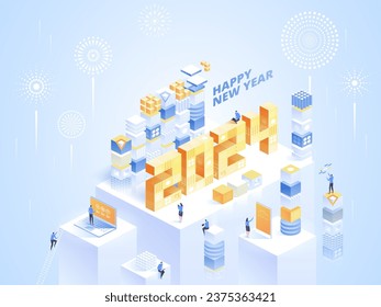 2024 Happy New Year. New innovative ideas. Digital technologies. Isometric technology for new year holiday posters and banners. Vector illustration with trendy geometric elements