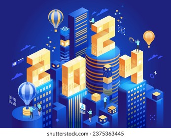 2024 Happy New Year. New innovative ideas. Digital technologies. Isometric technology for new year holiday posters and banners. Vector illustration with trendy geometric elements