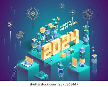 2024 Happy New Year. New innovative ideas. Digital technologies. Isometric technology for new year holiday posters and banners. Vector illustration with trendy geometric elements