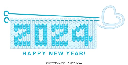 2024 Happy new year knit pattern, Festive Sweater Design. Knitted Pattern. Celebration white background with knitting needles, thread and place for your text. Winter holidays. Vector Illustration
