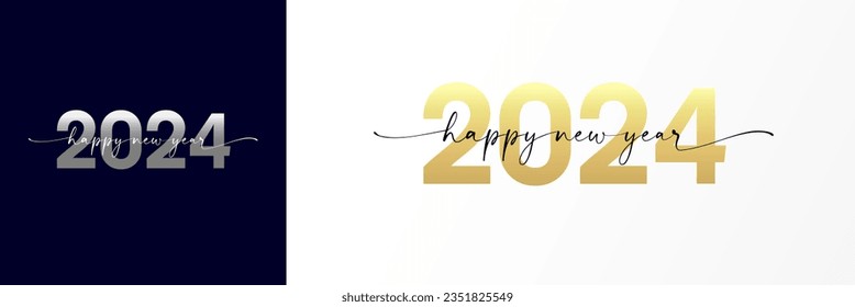 2024 Happy New Year lettering script logo design concept. Xmas greetings with golden number 2024 and calligraphy. Vector illustration