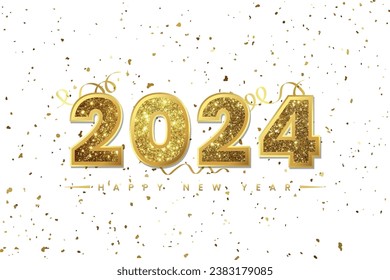 2024 Happy New Year lettering with gold confetti background