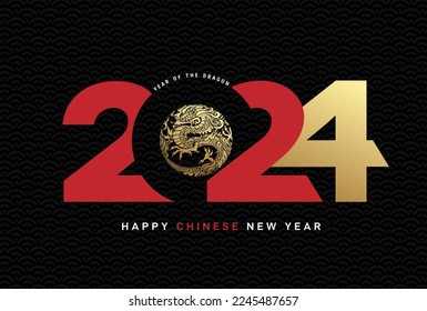 2024 Happy New Year logo design. Year of the tiger. 2024 text number design template. 2024 typography symbol Happy New Year. Vector illustration with black and pink labels isolated on white background