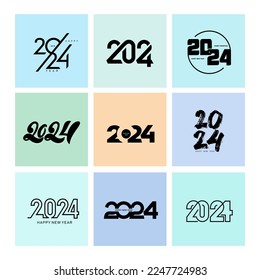 2024 Happy New Year logo design. Set of 2024 number text design template. Christmas collection of 2024 Happy New Year. Vector illustration with black labels logo for diaries, notebooks, calendars.