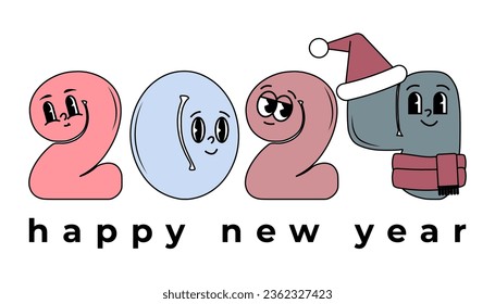 2024 Happy New Year logo text design. Cute characters in groovy retro style. Set of 2024 number design template. Vector illustration diaries, notebook, calendar.