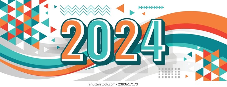 2024 Happy New Year logo trend design. 2024 colored number design template. 2024 typography symbol Happy New Year. Vector illustration with labels trendy and fashionable colors.

