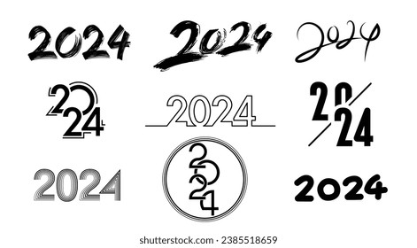 2024 Happy New Year logo text design. Set of 2024 number design template. Christmas symbols 2024 Happy New Year. Vector illustration with black labels logo for diaries, notebooks, calendars.