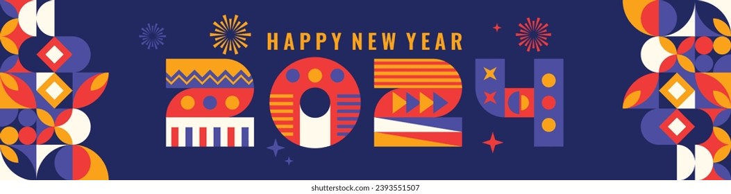 2024 Happy New Year logo trend design. 2024 colored number design template. 2024 typography symbol Happy New Year. Vector illustration with labels trendy and fashionable colors.

