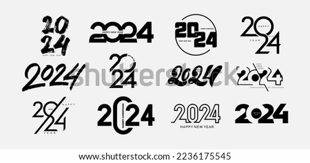 2024 Happy New Year logo text design. Set of 2024 number design template. Christmas symbols 2024 Happy New Year. Vector illustration with black labels logo for diaries, notebooks, calendars.