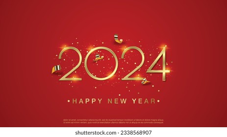 2024 happy new year, luxury gold number of 2024 on red background.