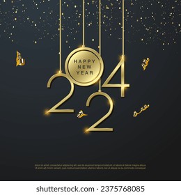 2024 happy new year luxury gold number. Vector illustration on square black background.