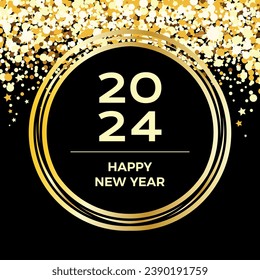 2024 Happy New Year luxury shiny golden round frame on a black background vector illustration. 2024 Happy New Year elegant black gold greeting card with glitter vector illustration. 2024 New Year sign