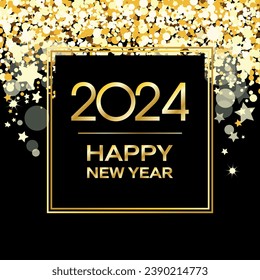 2024 Happy New Year luxury shiny golden frame on a black background vector illustration. 2024 Happy New Year elegant black gold greeting card with glitter vector illustration. 2024 New Year sign