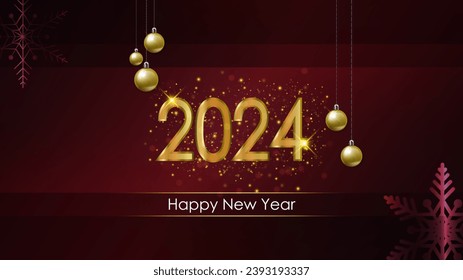 2024 Happy new year luxury sparkling design with golden Christmas balls and glitter on red background. Vector illustration for seasonal holiday Christmas greeting cards