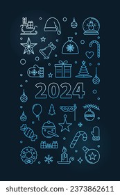 2024 Happy New Year and Merry Christmas vector outline blue colored vertical Banner with dark background