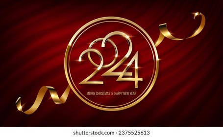 2024 Happy New Year and Merry Christmas greeting banner template vector illustration. Golden 2024 numbers in gold round frame with glitter and ribbon on drapery of red curtain, luxury holiday retro.