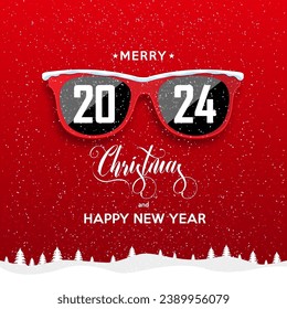 2024 Happy New Year and Merry Christmas on snowy landscape. Red hipster glasses on snowfall background. Vector illustration.