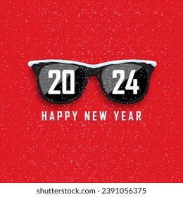 2024 Happy New Year and Merry Christmas. Black hipster sunglasses on snowfall background. Vector illustration.