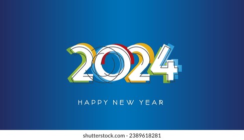 2024 Happy New Year modern trendy line design numbers with abstract colorful shapes on blue background