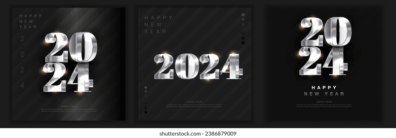 2024 happy new year number design. With luxurious shiny metallic silver glitter. Realistic 3d vector for 2024 happy new year background celebration.
