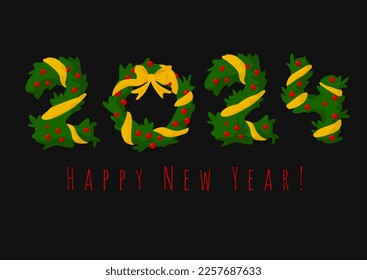 2024 Happy New Year numbers design as Christmas wreath with ribbon and toys. Postcard, banner, poster for congratulations.