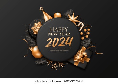2024 Happy new year ornaments gold and black, greeting card banner design on black background, Eps 10 vector illustration
