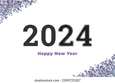 2024 Happy New Year Pixel Style Concept with Numerals Logo and Lettering Where Year Number Twenty Four Appears Pixelized - Black and Purple on Light Background - Vector Mixed Graphic Design