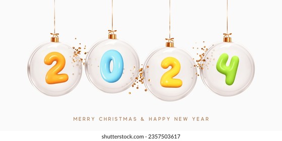 2024 Happy New Year. Plastic number in glass ball ornament, Christmas decoration. Realistic 3d render cartoon sign. Celebrate party 2024. Xmas Poster, banner, cover card, brochure, flyer design